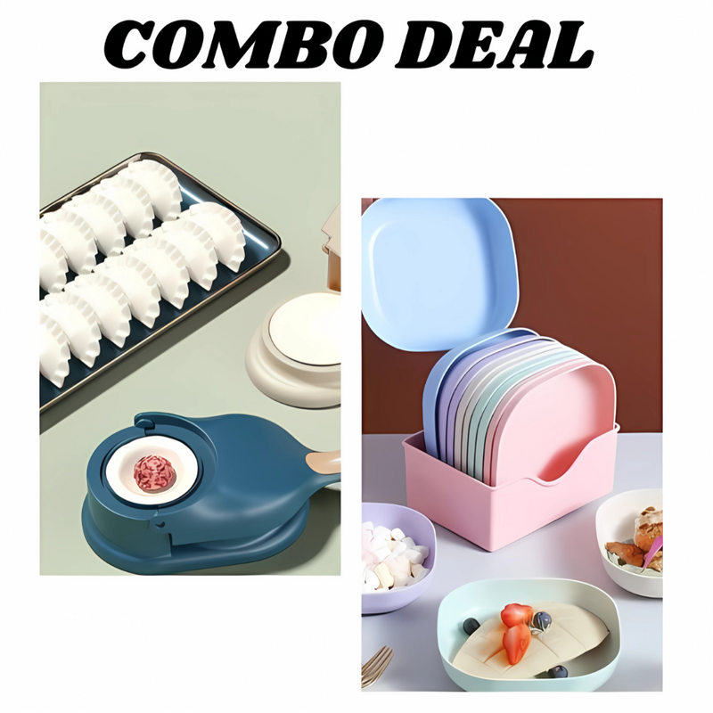 Pack of 2 | 10-Piece Multi-Function Spit Bone Plate Set + 2-in-1 Dumpling & Samosa Maker | Premium Food-Grade Kitchen Set (Random Color)