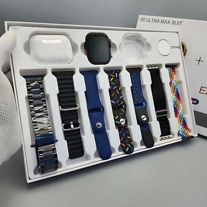 i20 Ultra Max Suit Smartwatch & Earbuds Combo – 10-in-1 Set with 7 Straps| Random